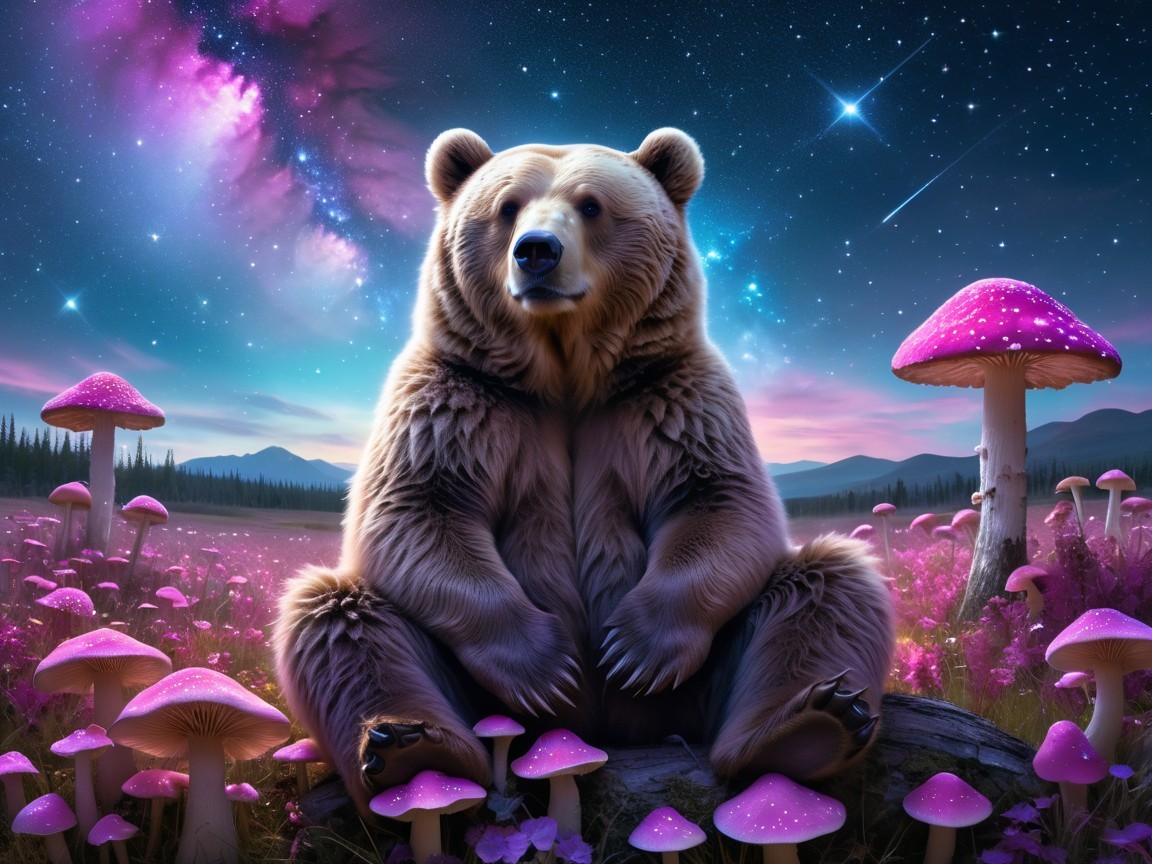 Majestic bear among vibrant pink mushrooms in galaxy