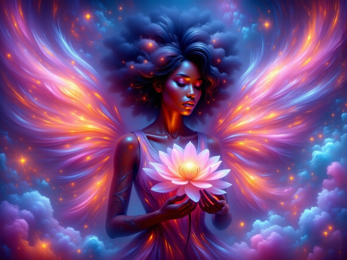Mystical figure with vibrant wings and glowing lotus