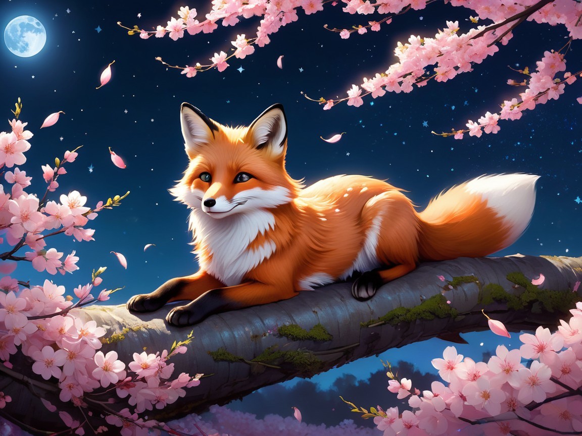 Fox on Branch Amid Cherry Blossoms and Night Sky
