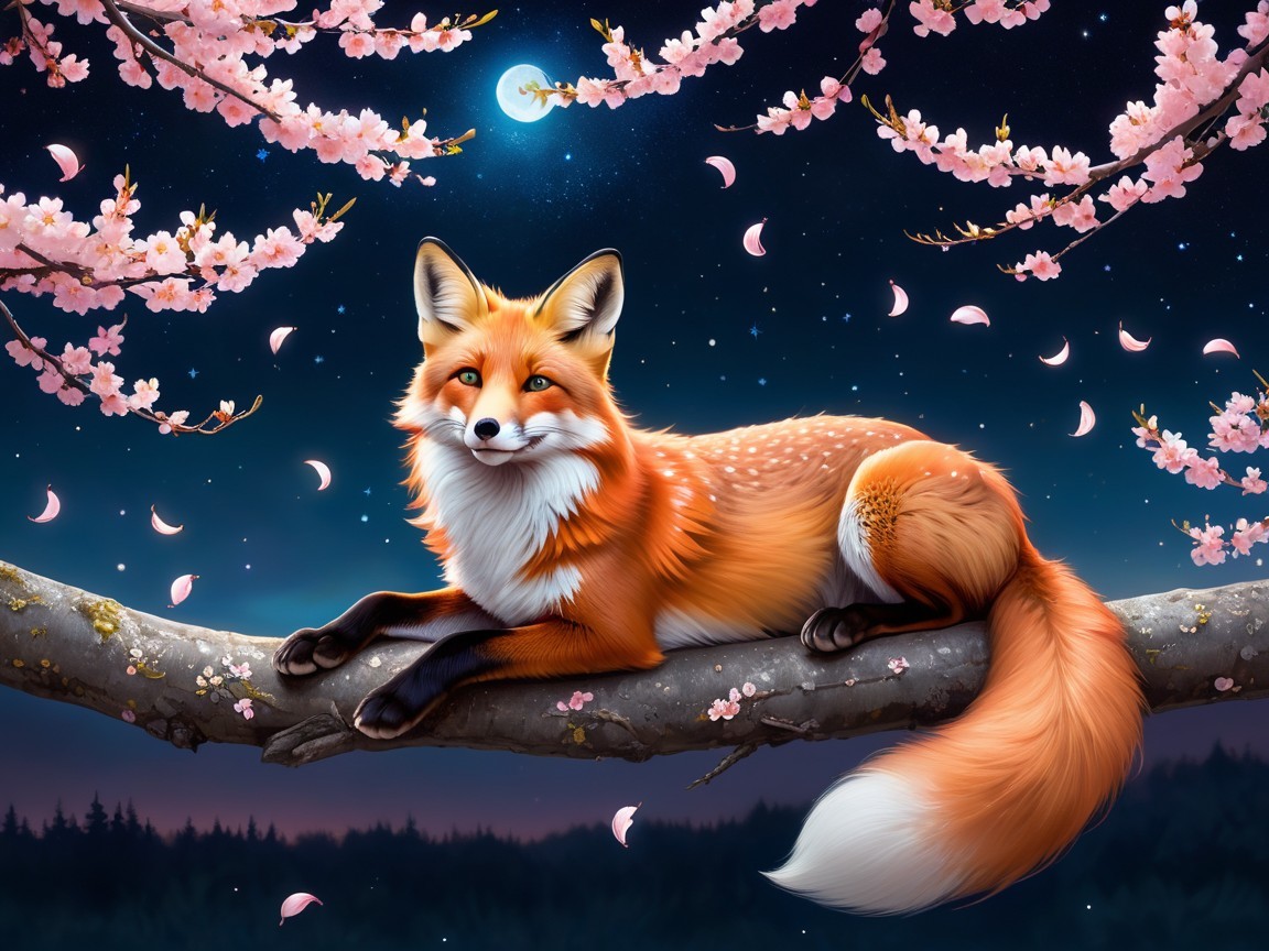 Fox on Tree Branch Amid Cherry Blossoms at Night