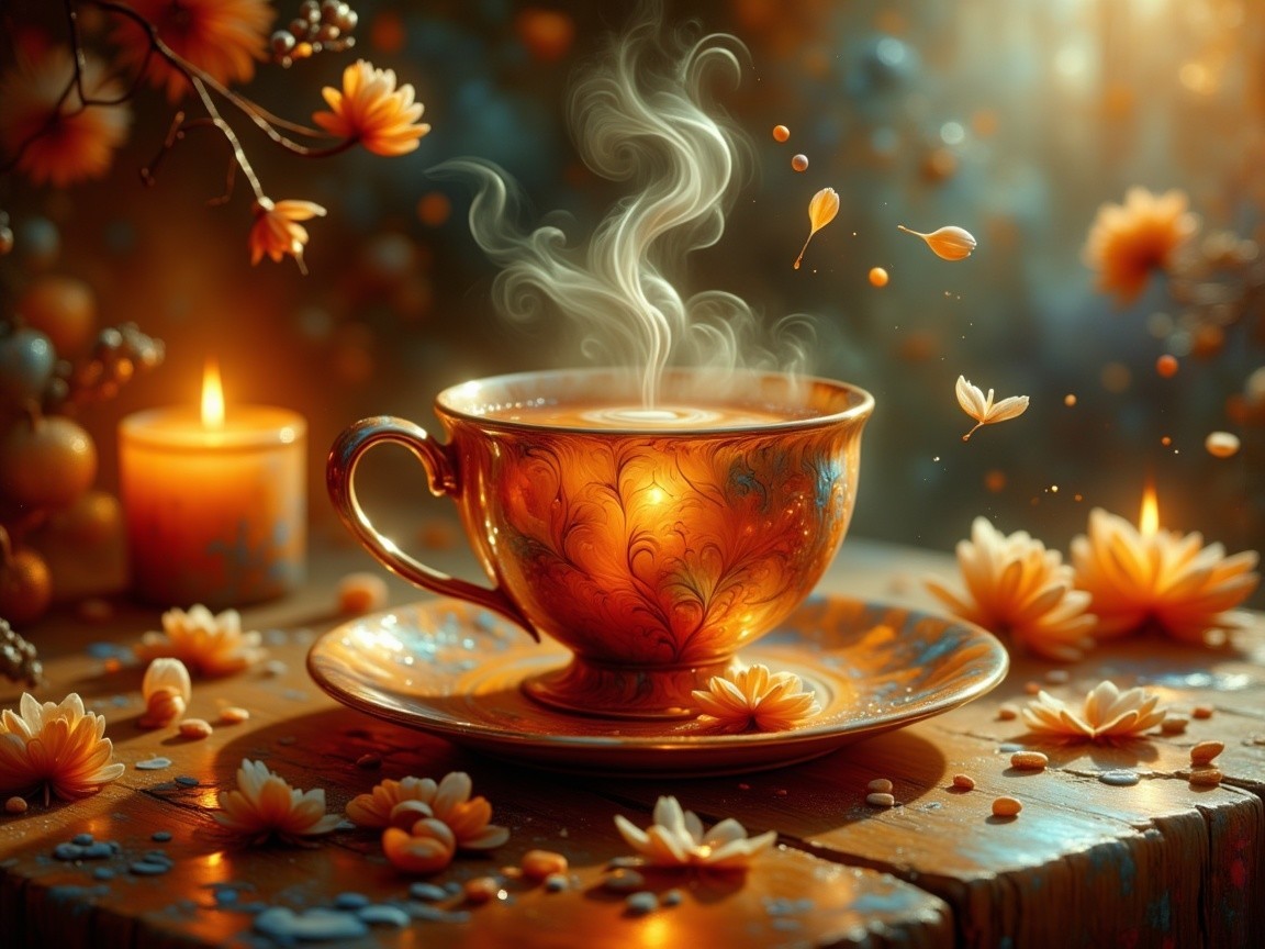 Decorative Teacup with Flowers and Candles