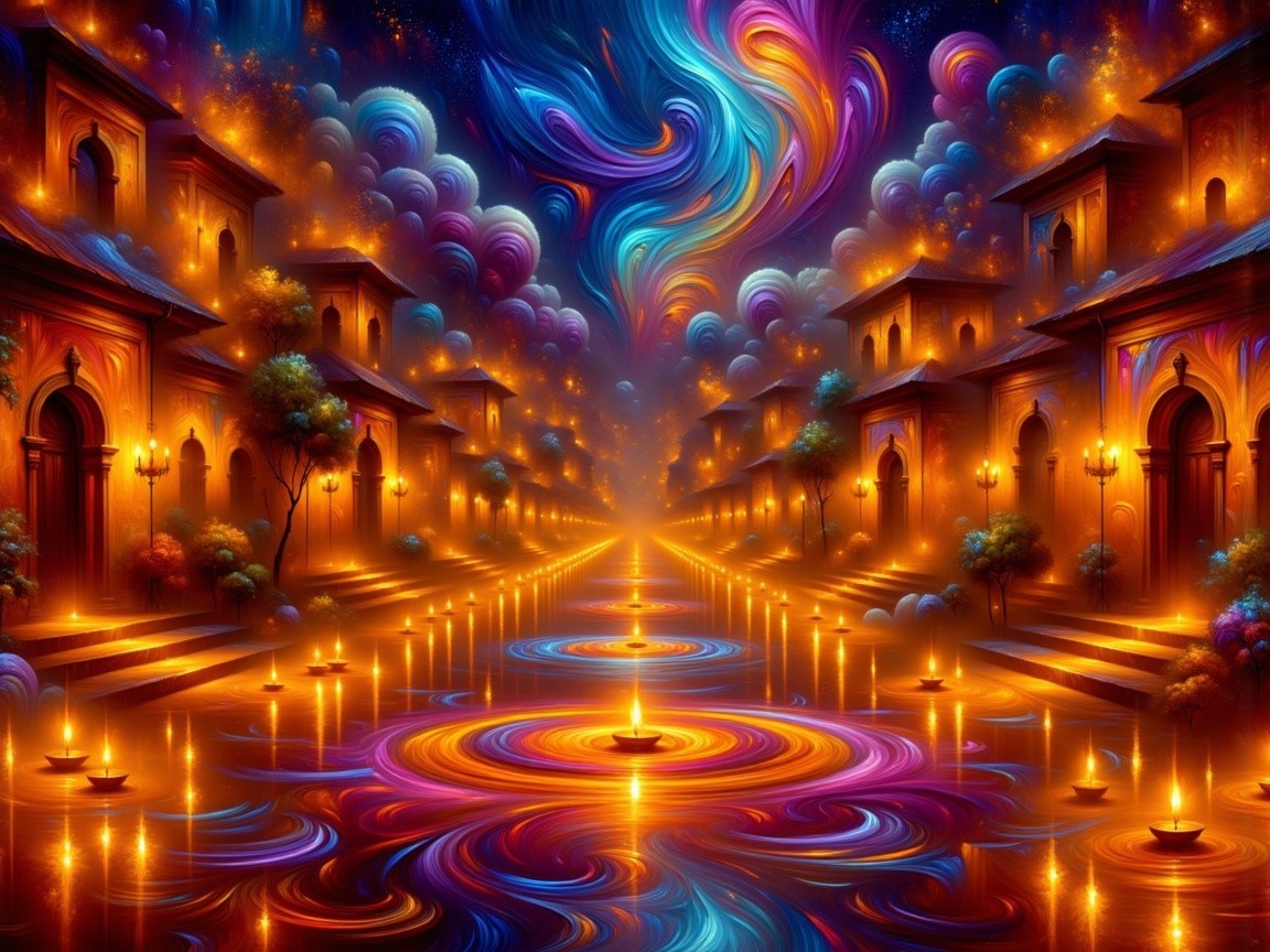 Vibrant Dreamlike Scene with Colorful Clouds and Water
