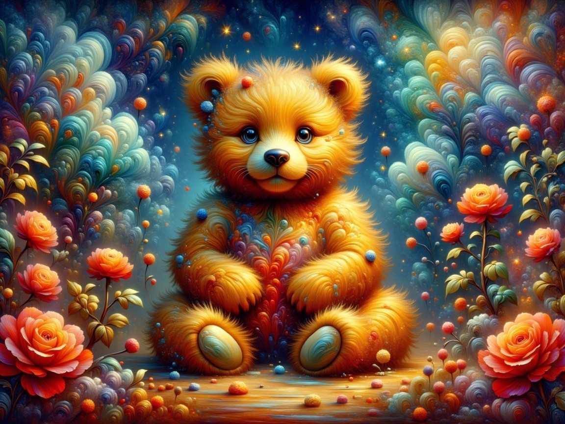 Whimsical Teddy Bear Among Colorful Patterns and Roses