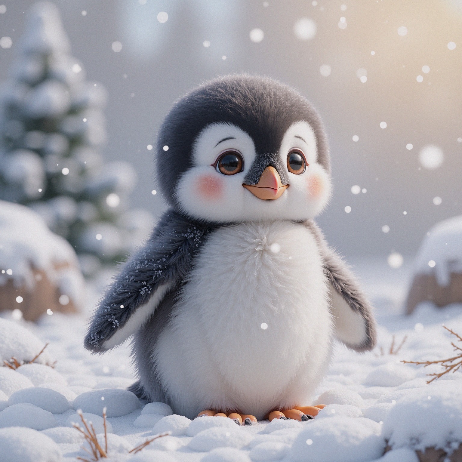 Cartoon Penguin Chick in Snowy Winter Landscape