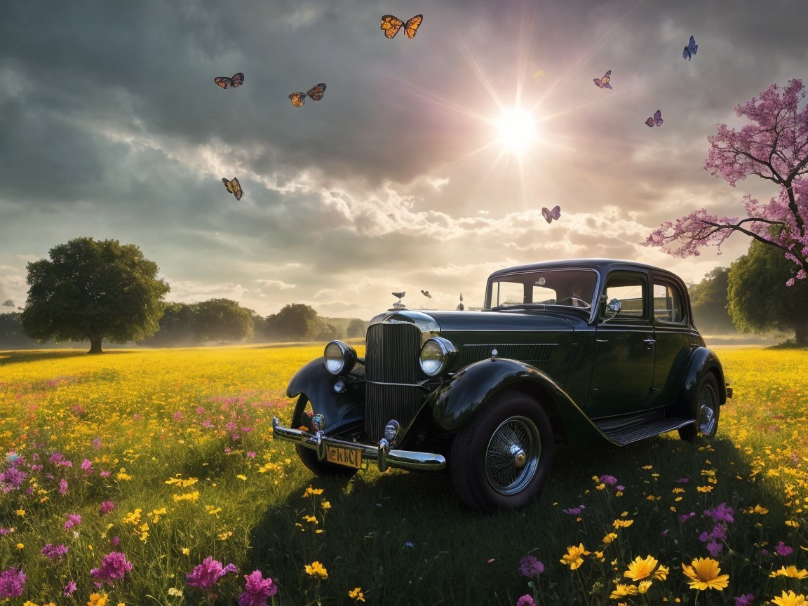 Vintage Car in a Wildflower Field Under Dramatic Clouds