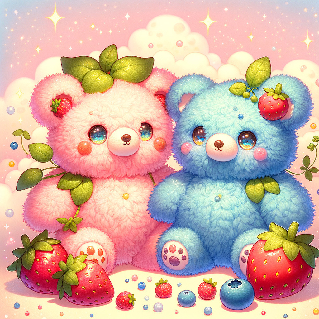Pastel Teddy Bears Surrounded by Fruits and Leaves