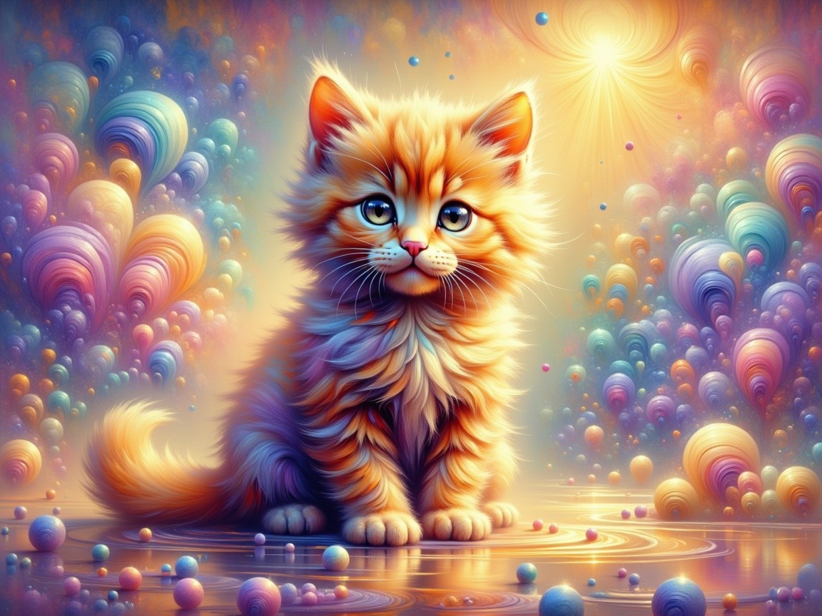 Fluffy Orange Kitten in Colorful Whimsical Setting