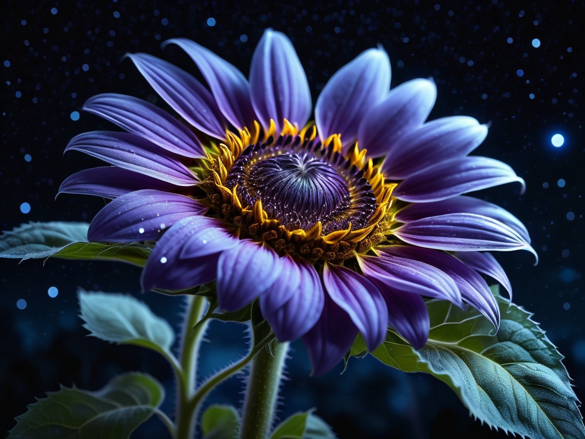 Sunflower with Purple Petals Against Starry Night