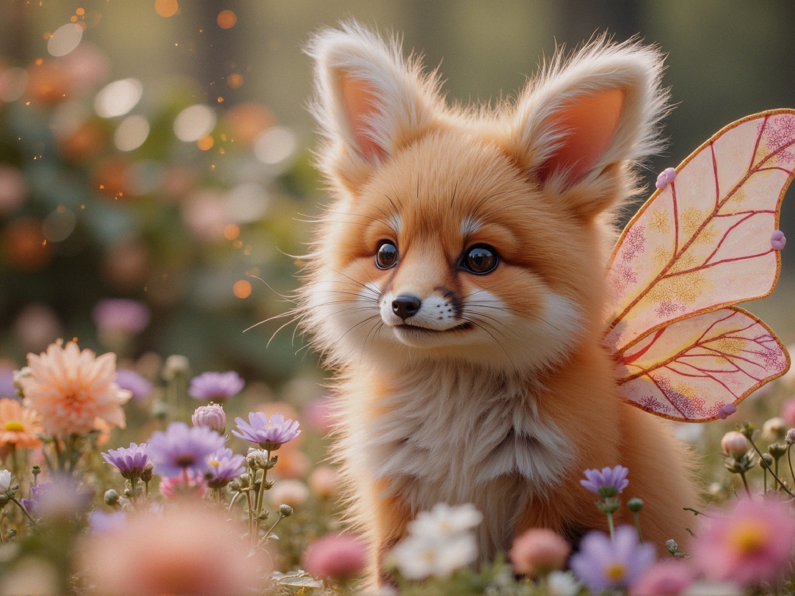 Furry Creature with Wings Among Colorful Flowers