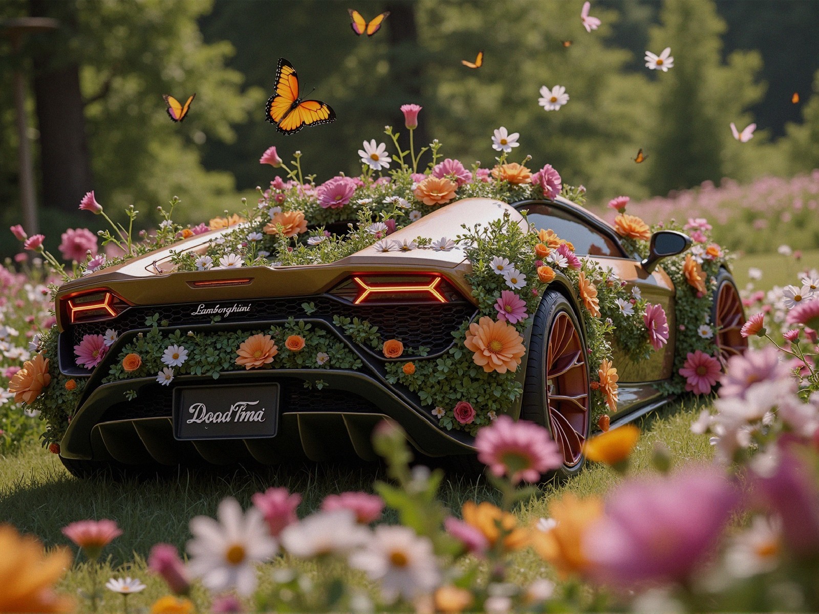 Luxurious sports car surrounded by vibrant flowers and greenery