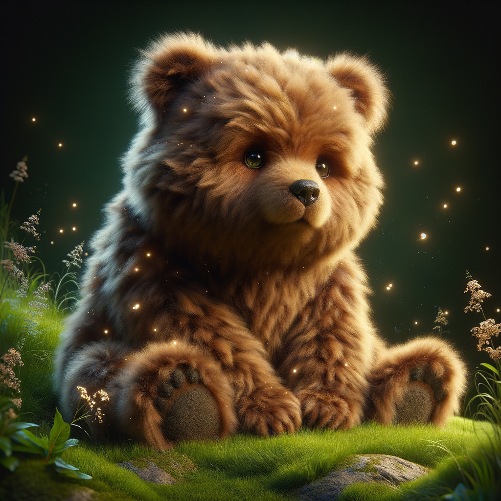 Fluffy Bear Cub in Lush Grass and Wildflowers