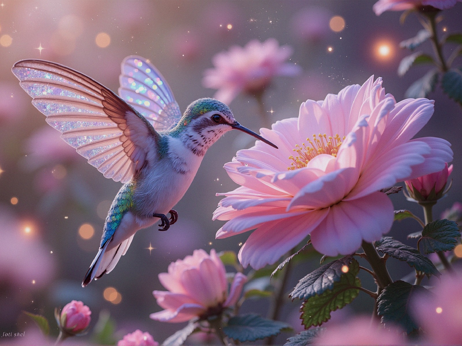 Iridescent Hummingbird Near Pink Flower in Nature