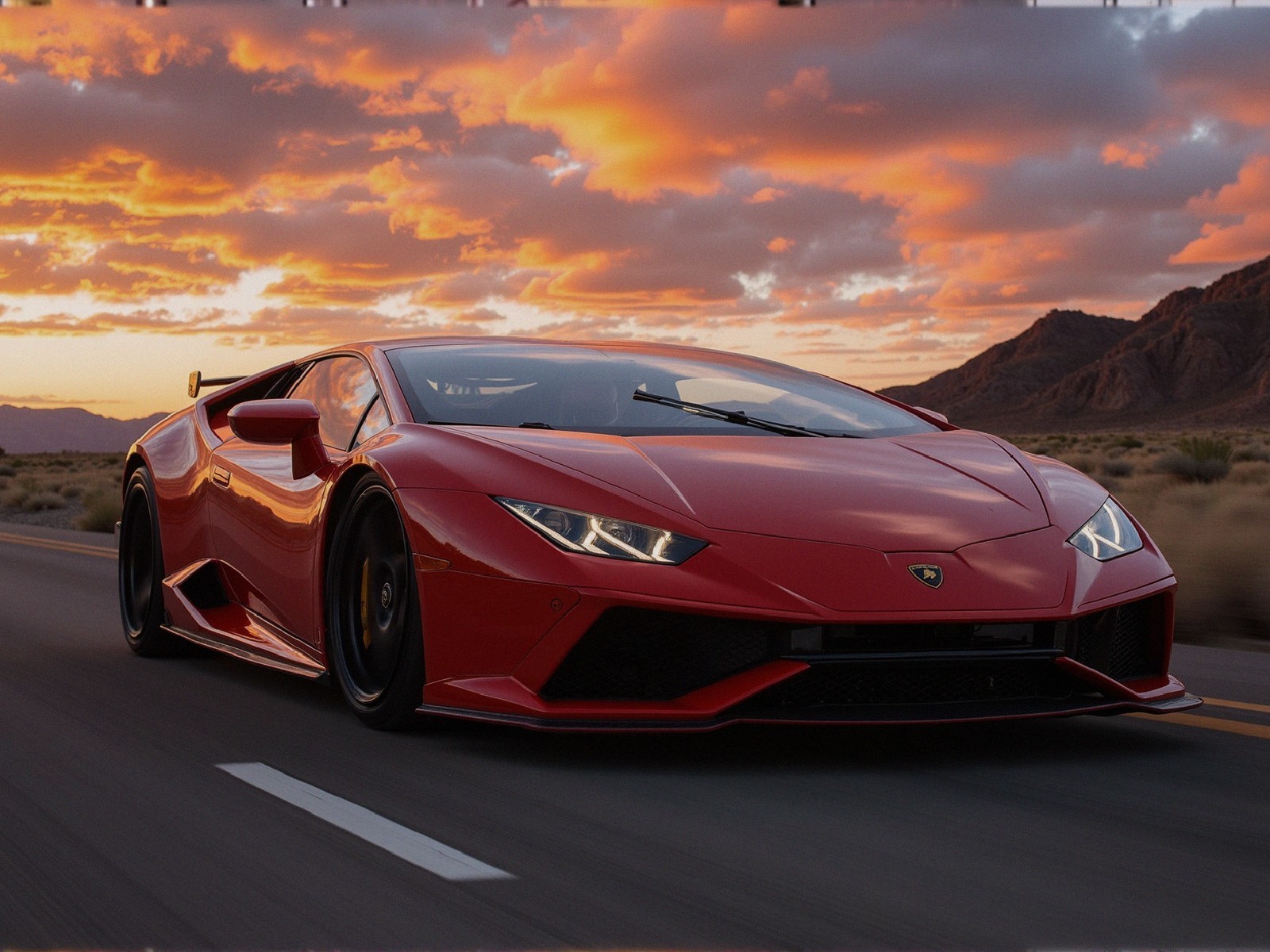 Red Sports Car on Open Road at Sunset with Mountains
