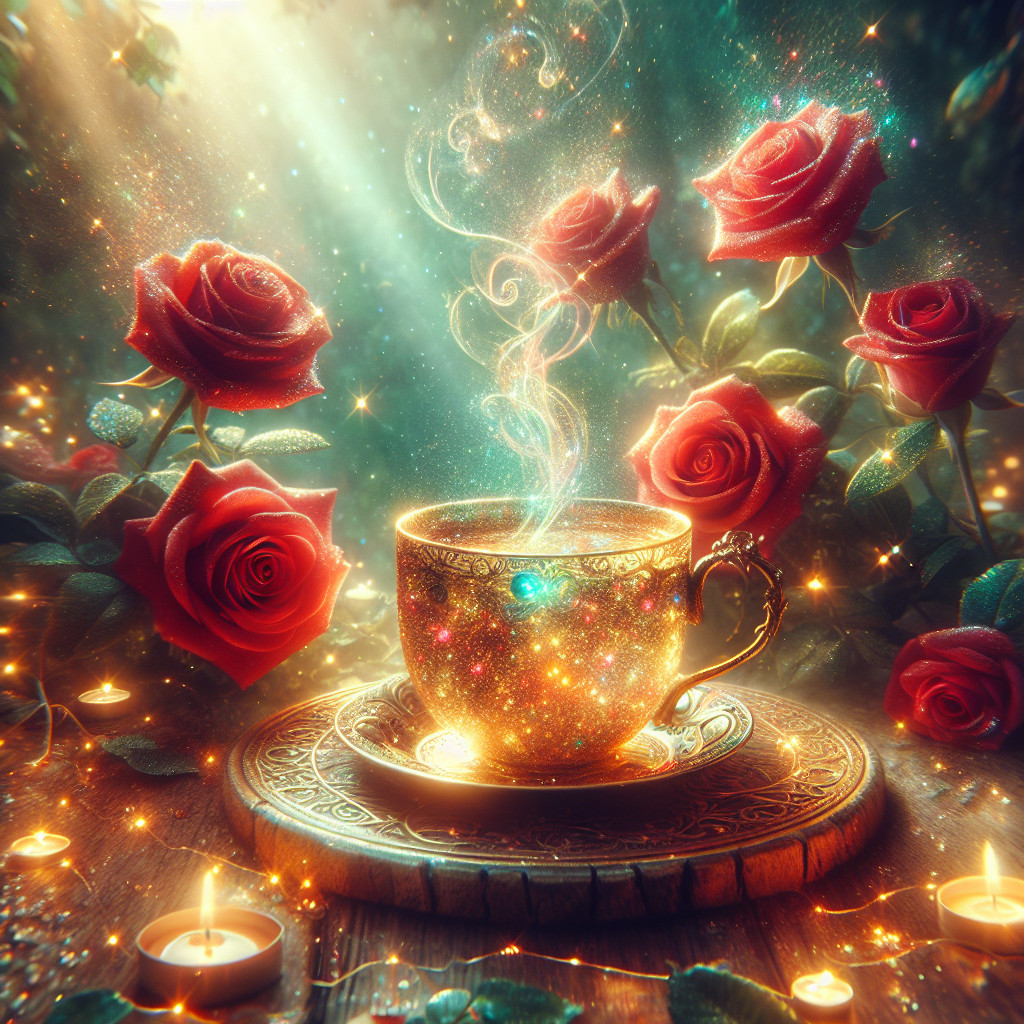 Ornate teacup with roses and flickering candles