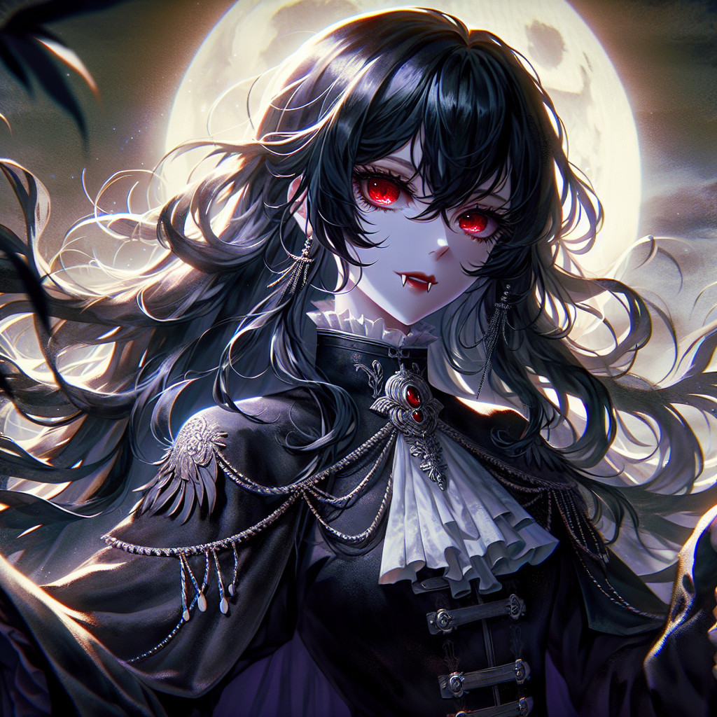 Vampiric Figure in Elegant Black Dress Under Moonlight