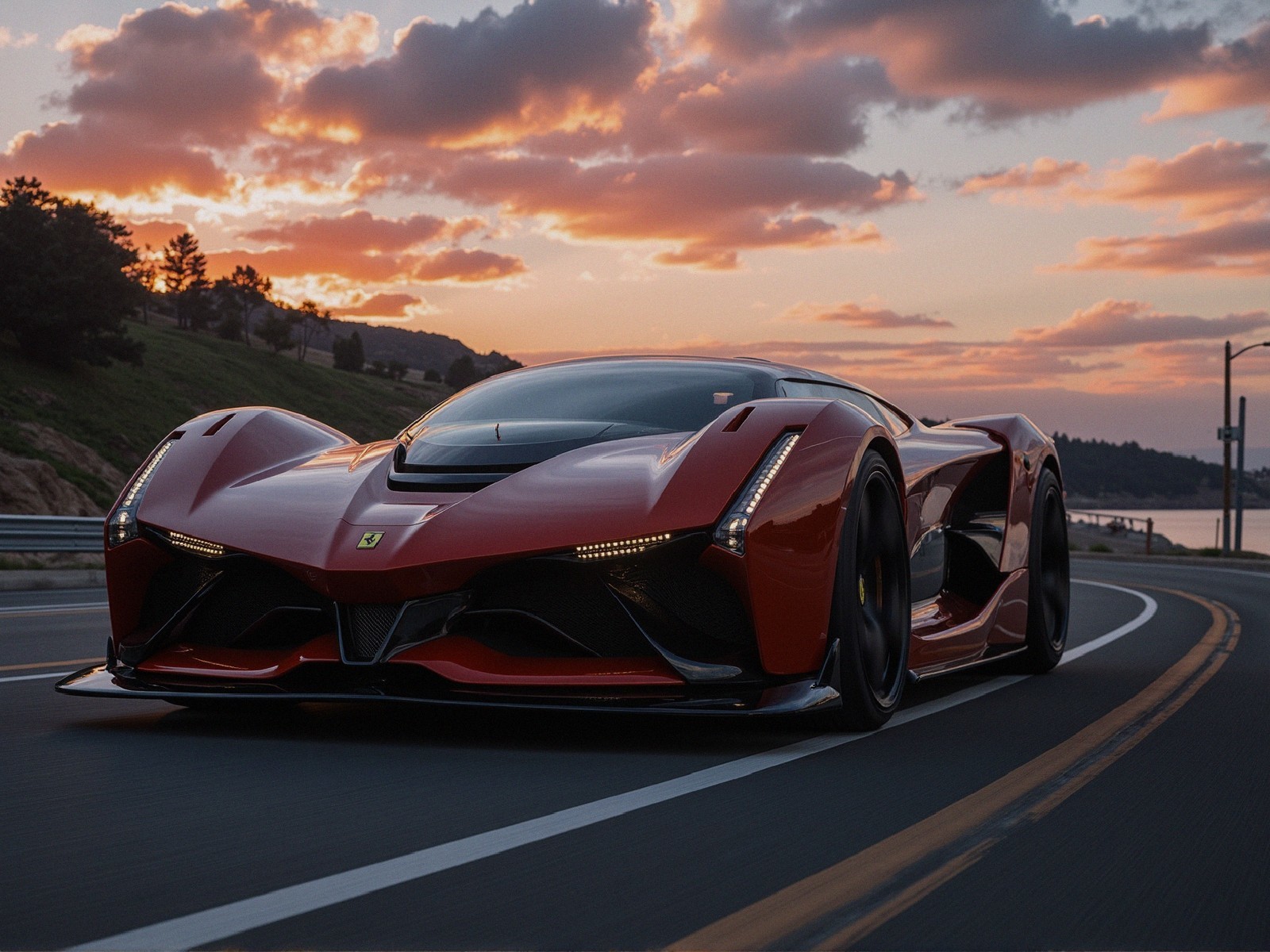 Futuristic Red Sports Car on Winding Sunset Road