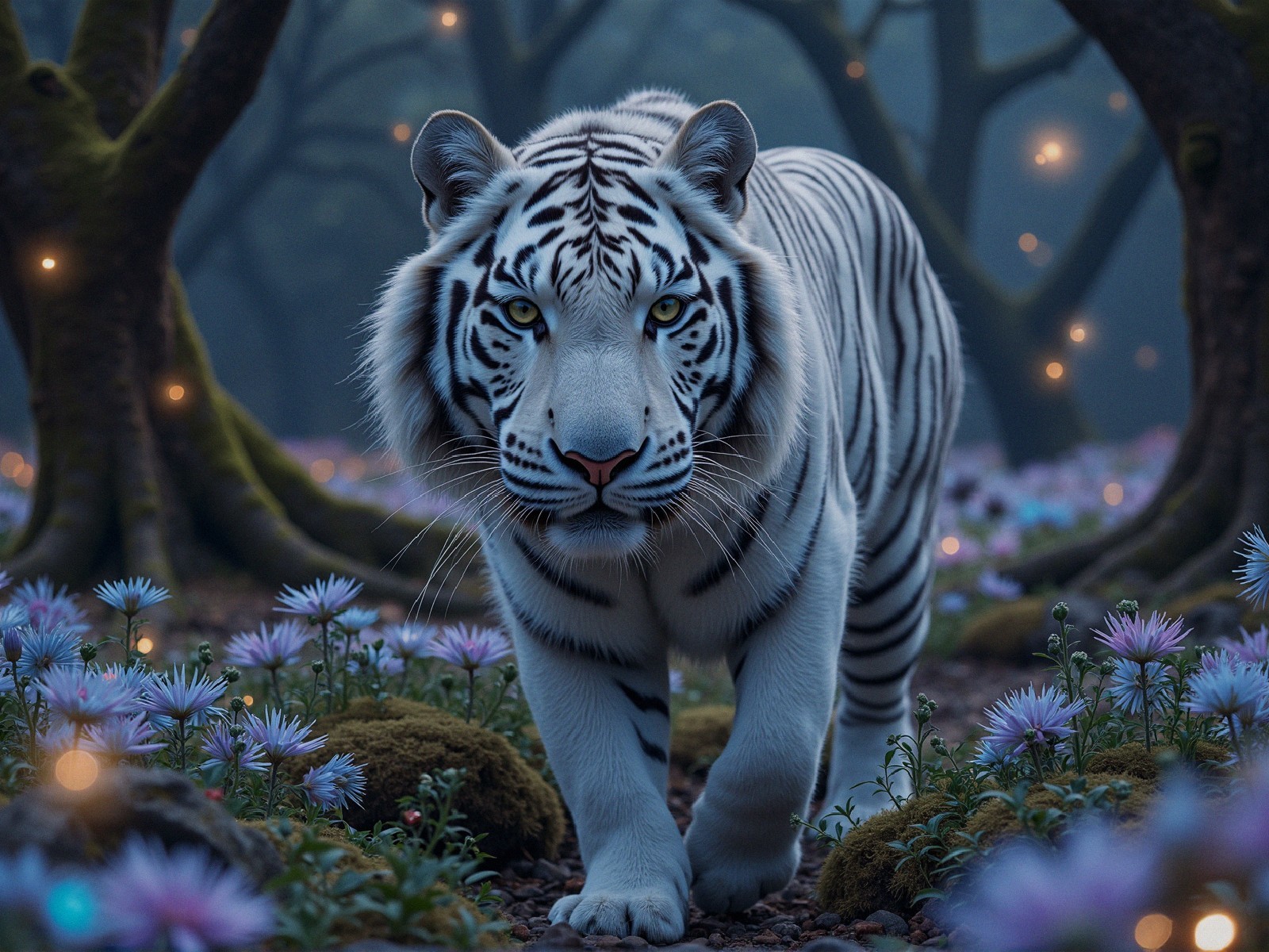 White Tiger in Enchanted Forest with Purple Flowers