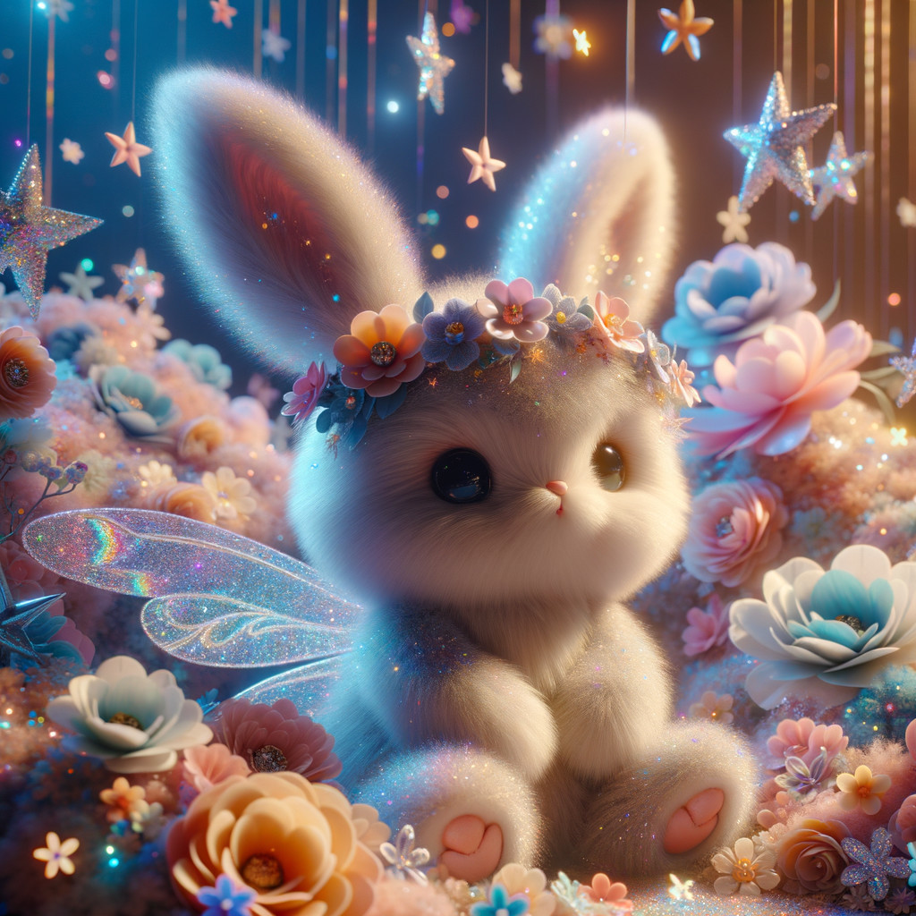 Whimsical Bunny with Fairy Wings in a Colorful Landscape