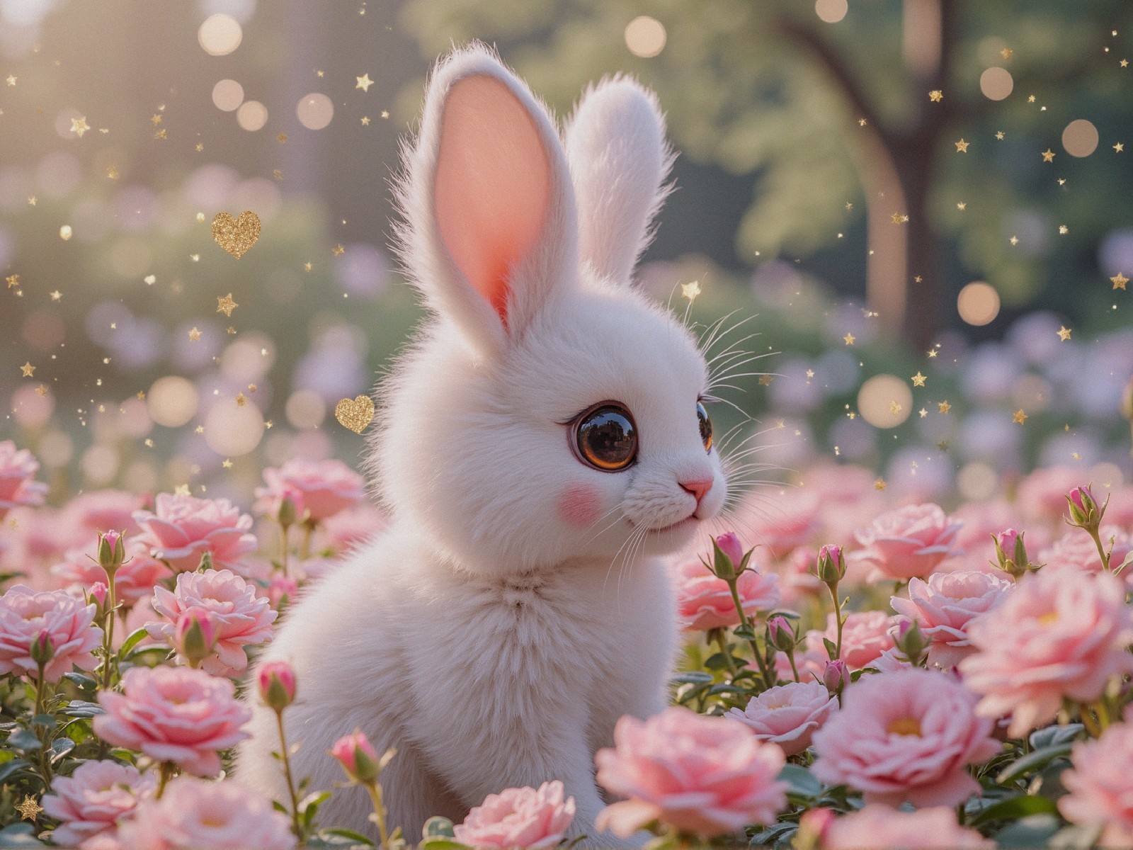 Fluffy White Bunny in a Vibrant Pink Rose Garden