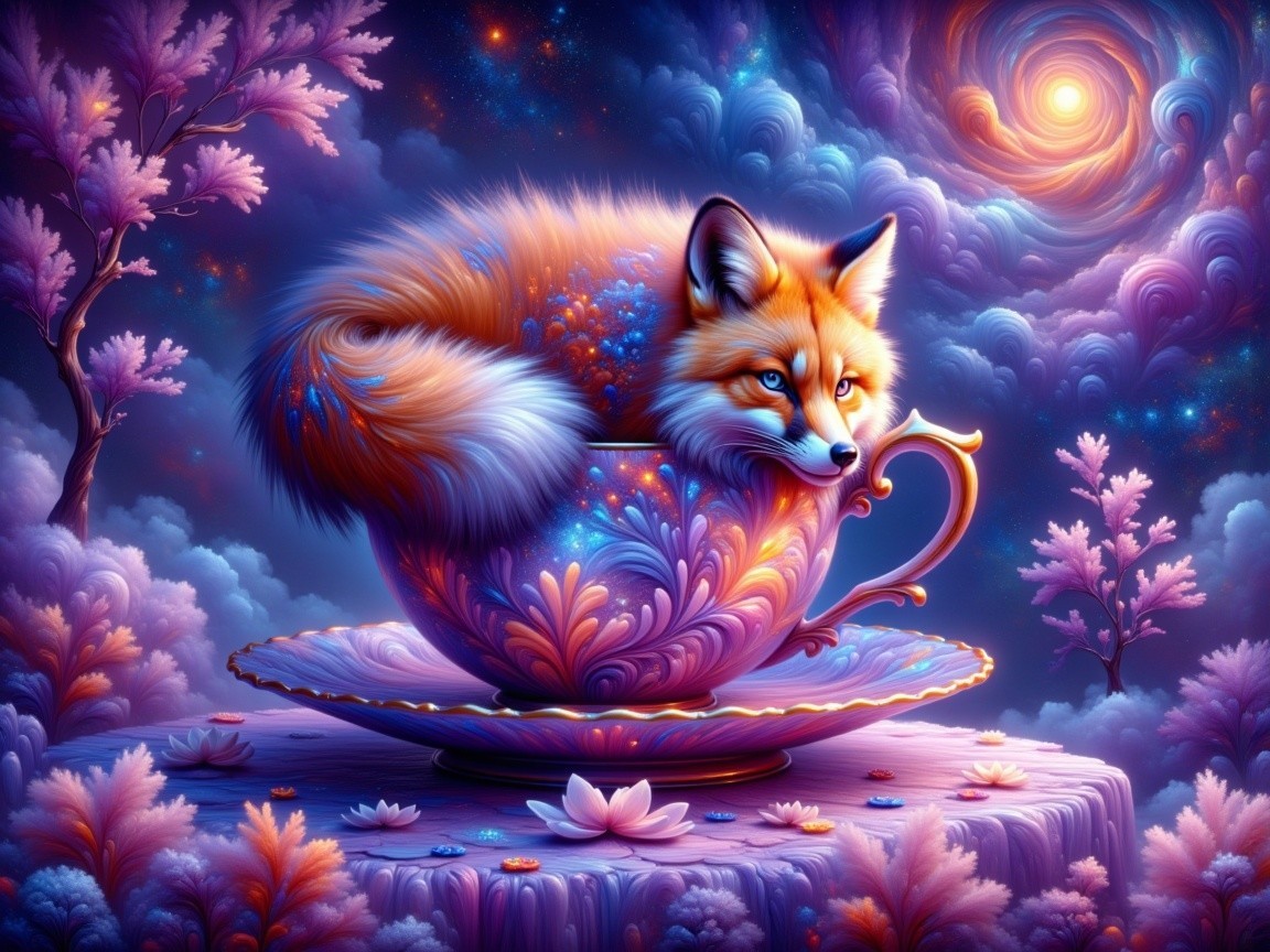 Surreal Scene of a Fox in a Teacup with Flowers