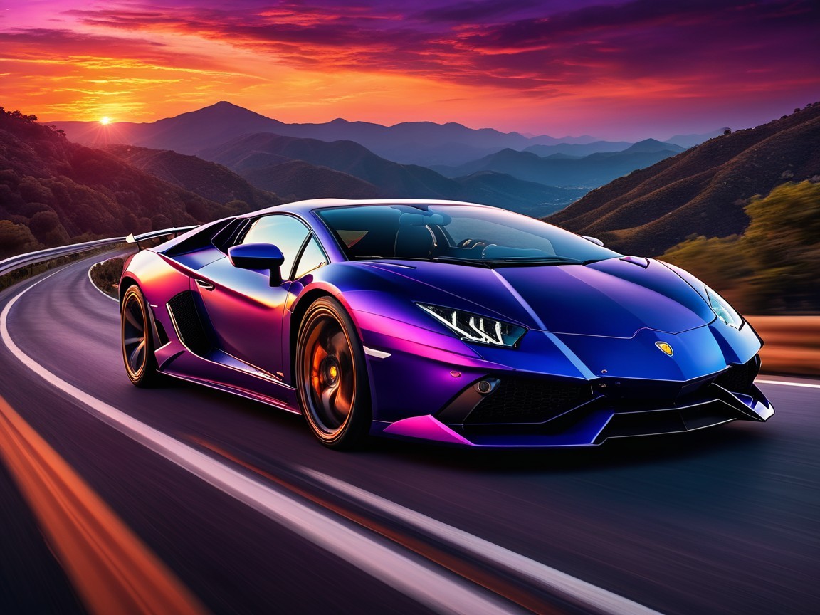 Purple Lamborghini Aventador on Winding Road at Sunset