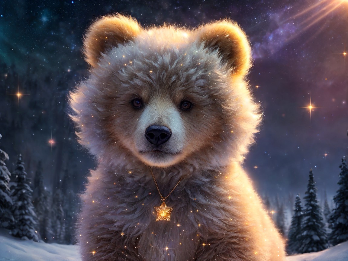 Fluffy Bear Cub Under Starry Night Sky