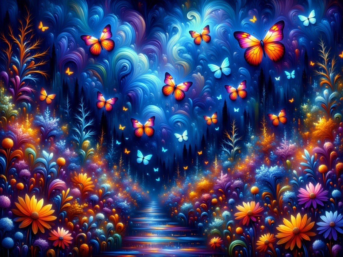Vibrant Dreamlike Landscape with Colorful Flora and Butterflies