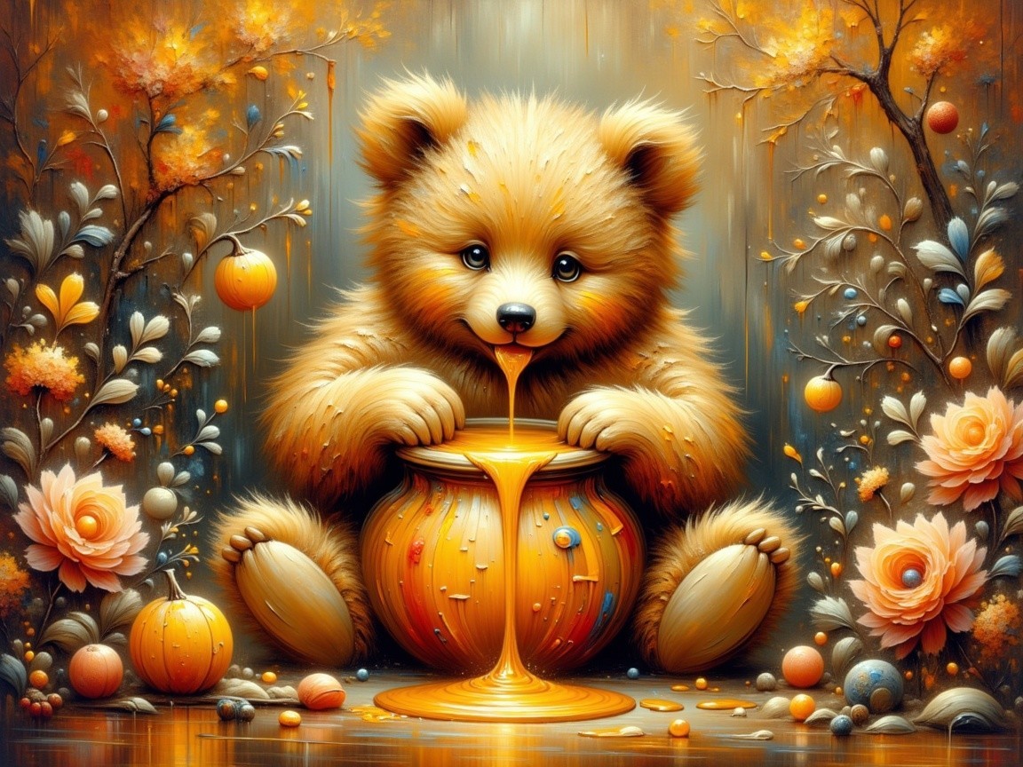 Fluffy Bear Enjoying Honey in Autumn Foliage Scene