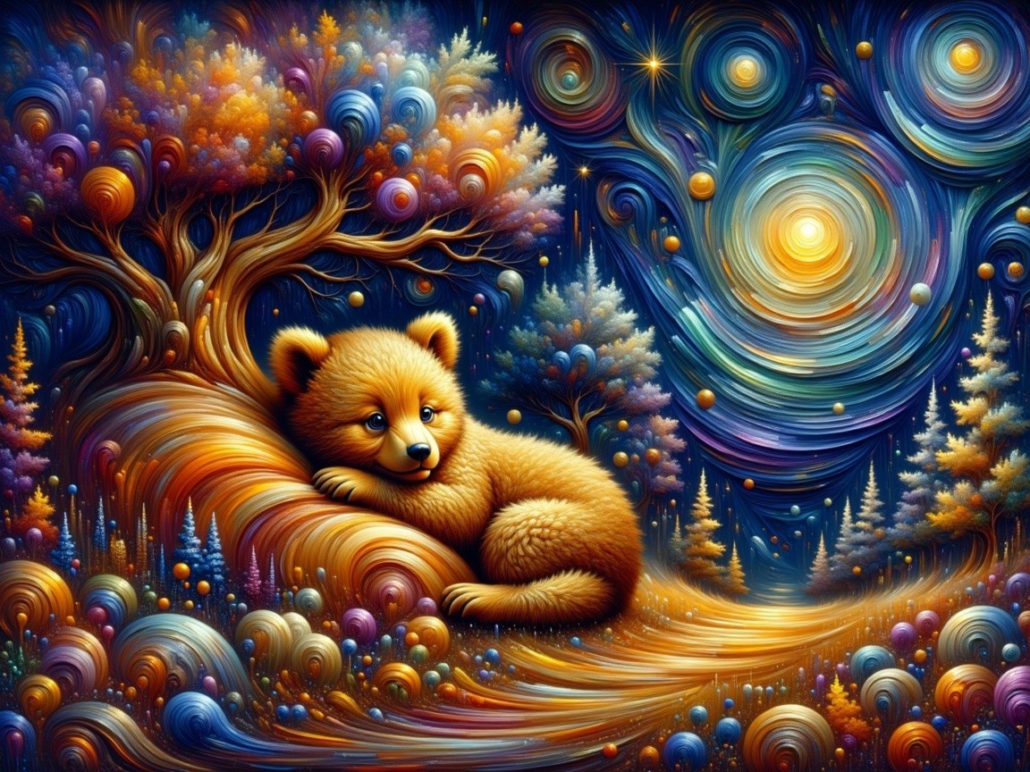 Cozy Bear Against Vibrant Swirling Tree at Night