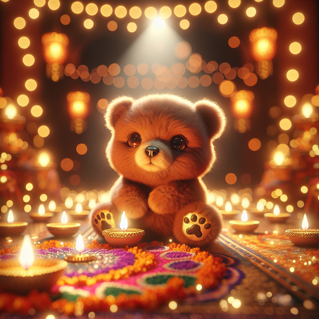 Fluffy Bear Surrounded by Candles and Flowers
