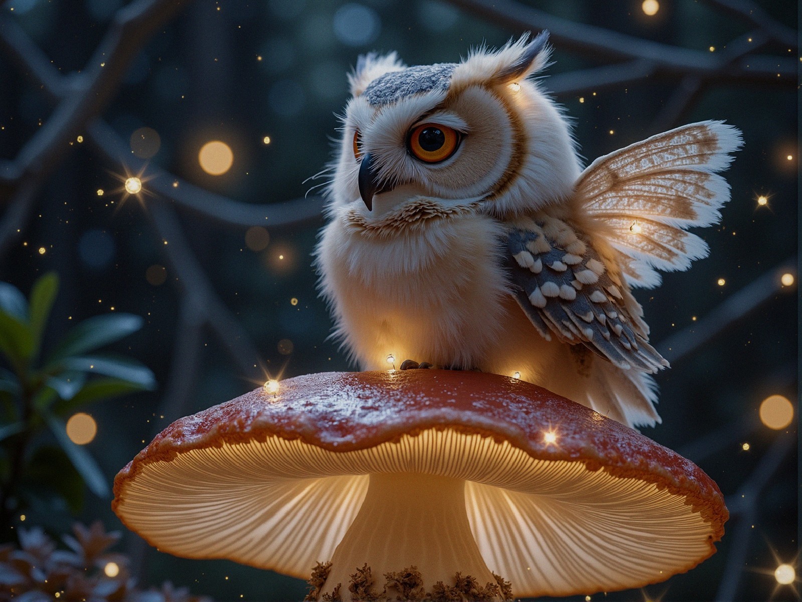 Whimsical Owl on Vibrant Red Mushroom in Enchanted Forest
