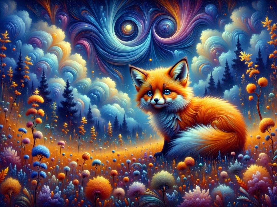 Vibrant Scene of a Fox in a Dreamlike Landscape