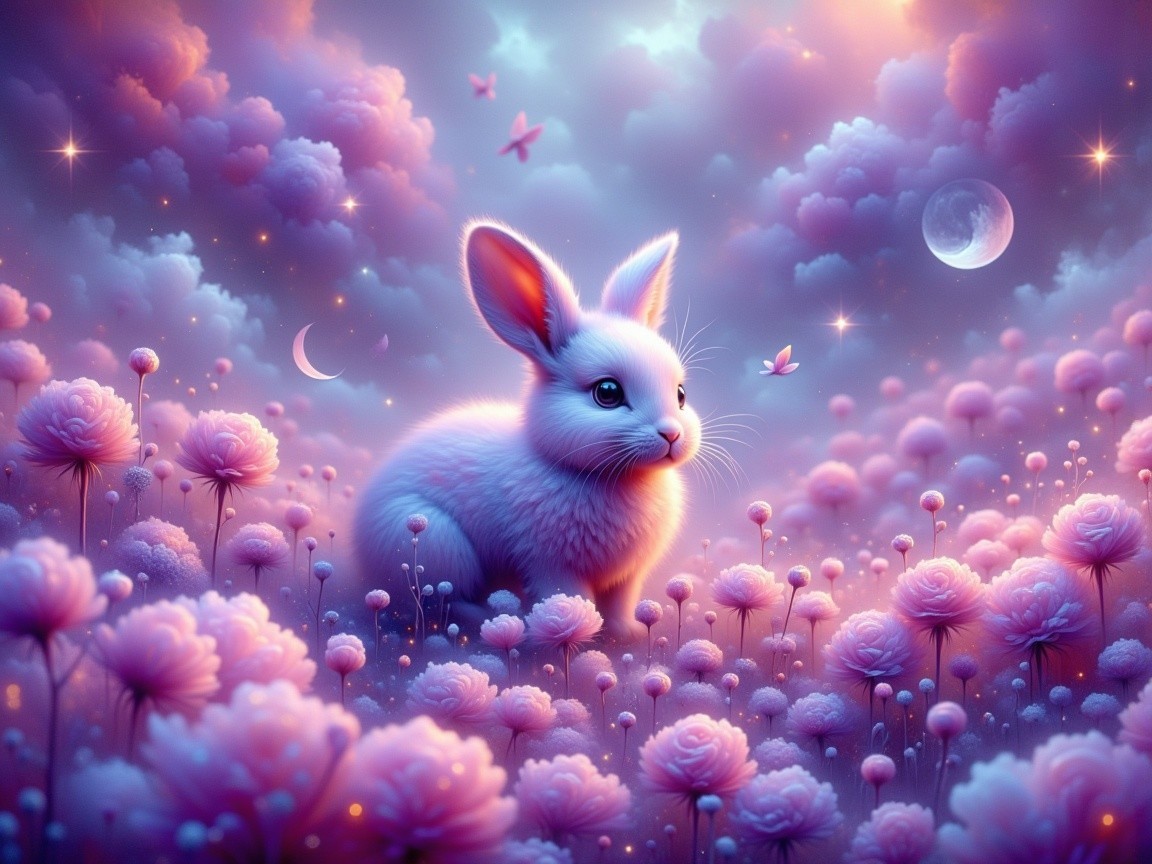 Fluffy Rabbit in a Dreamy Flower Field with Moons