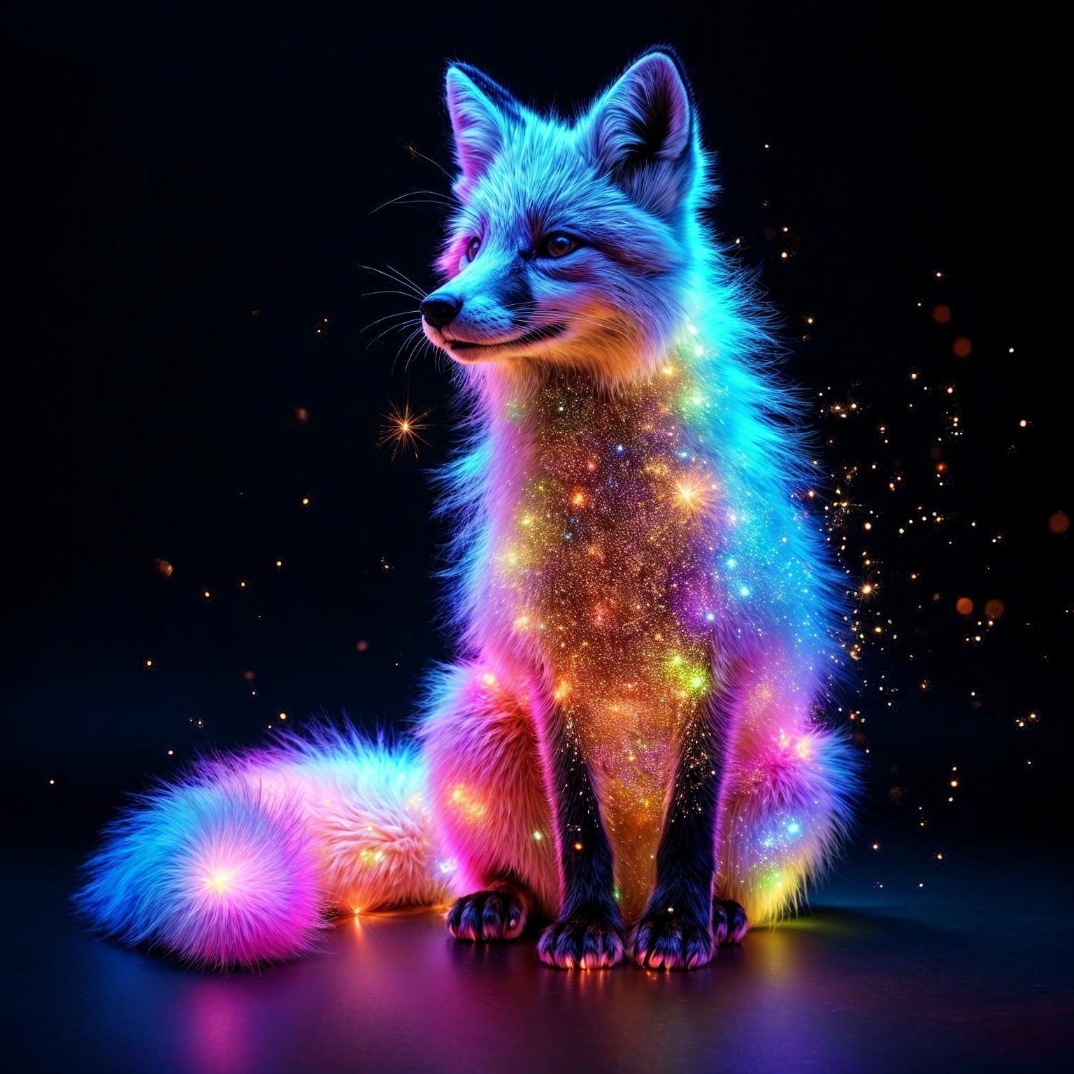 Whimsical Fox with Cosmic Pattern on Dark Backdrop