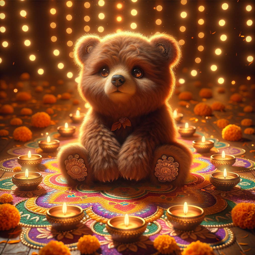 Fluffy bear amidst vibrant rangoli and oil lamps