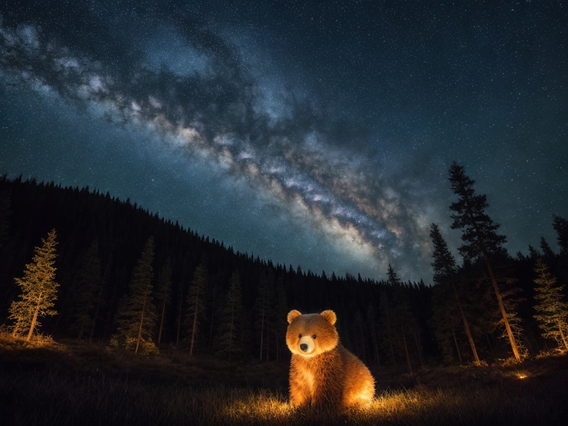 Teddy Bear in a Serene Forest Under Starry Sky
