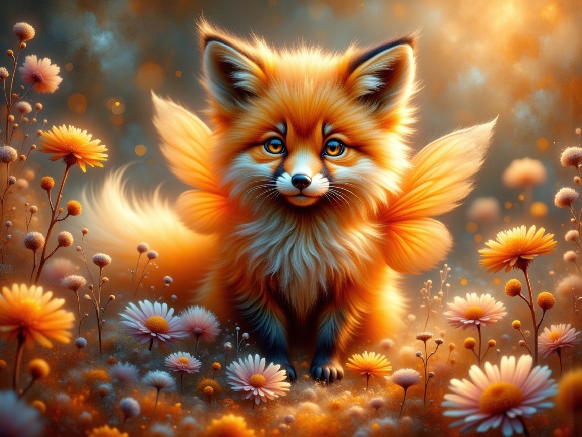 Whimsical fox with wings in a daisy field