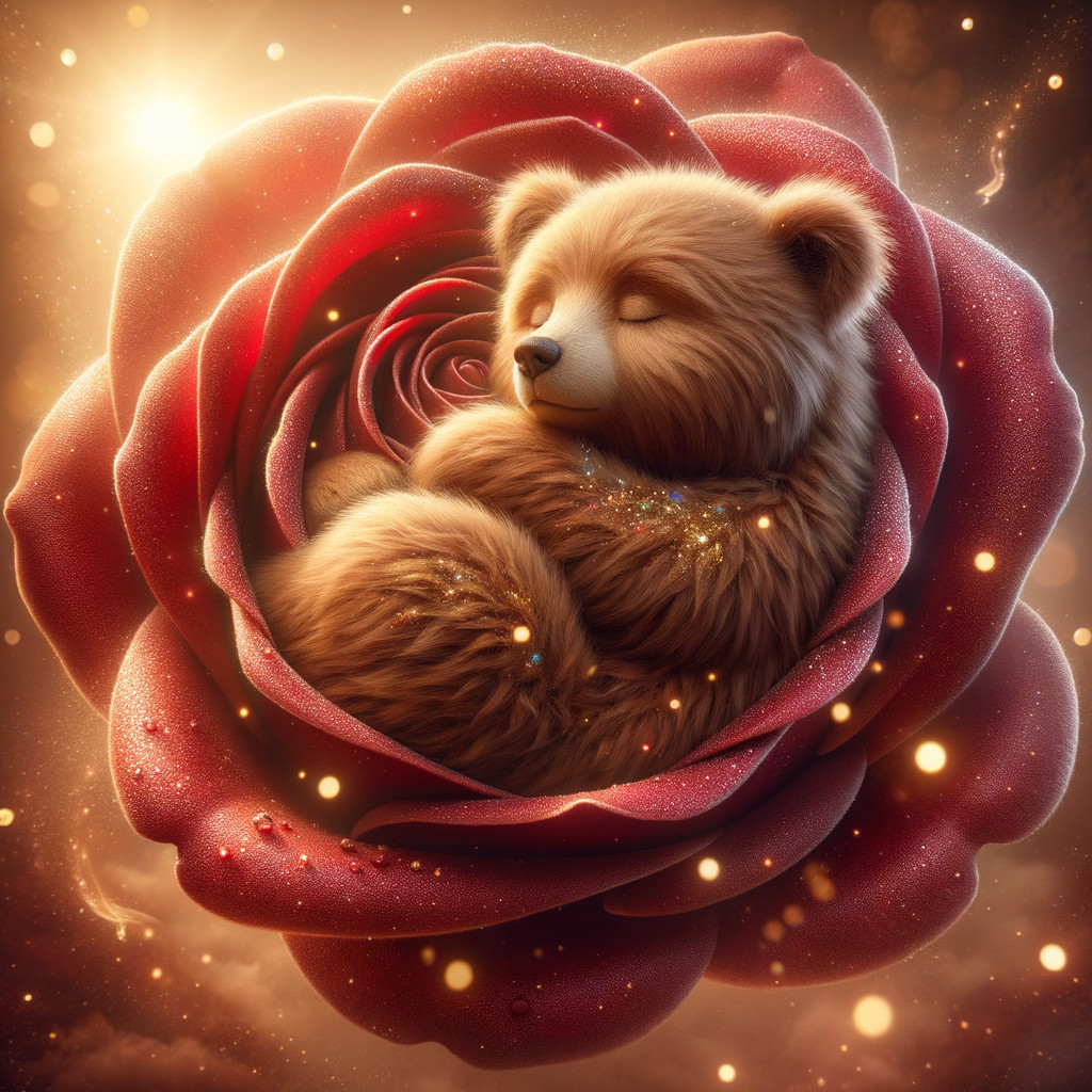 Bear Cub Nestled in Vibrant Red Rose Petals