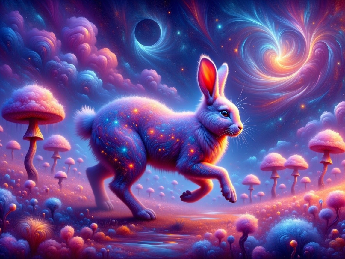 Ethereal Rabbit in Surreal Landscape with Colorful Mushrooms
