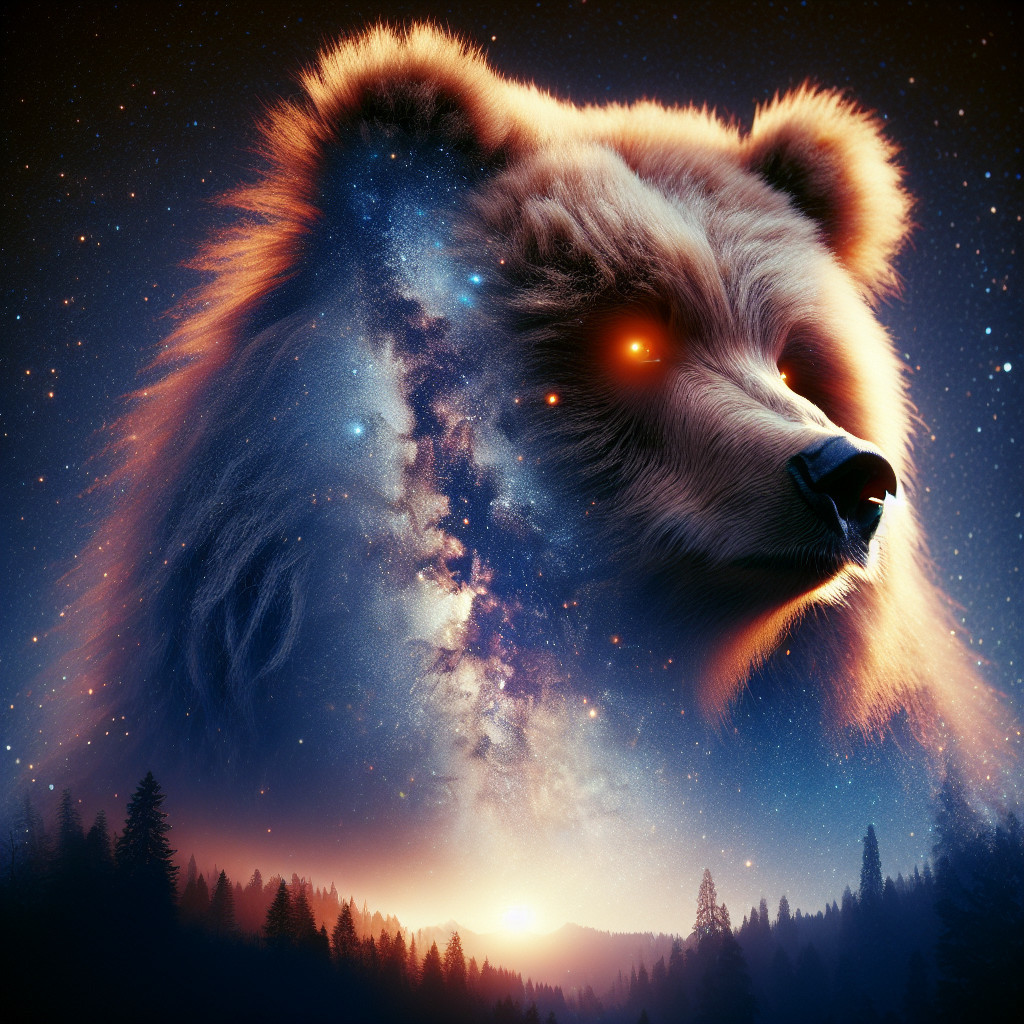 Bear Silhouette Against Cosmic Backdrop and Forest