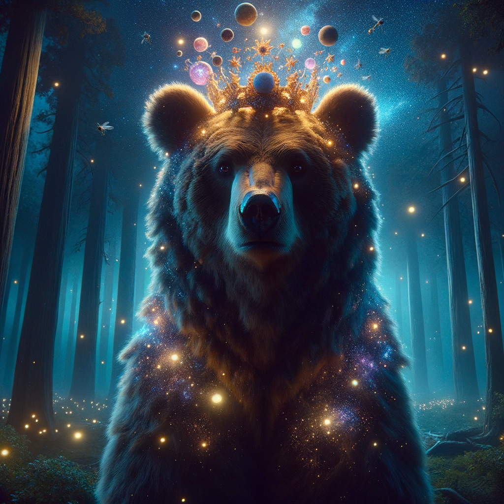 Majestic bear with crown in a mystical forest scene
