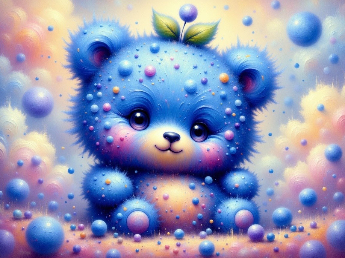 Whimsical Blue Bear in Pastel Dreamy Landscape