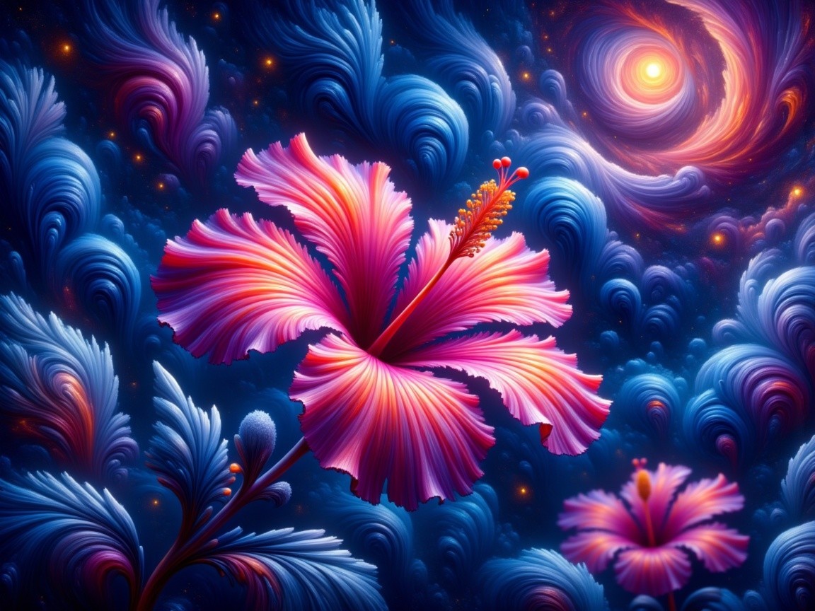 Vibrant Pink Hibiscus Flower in Cosmic Background