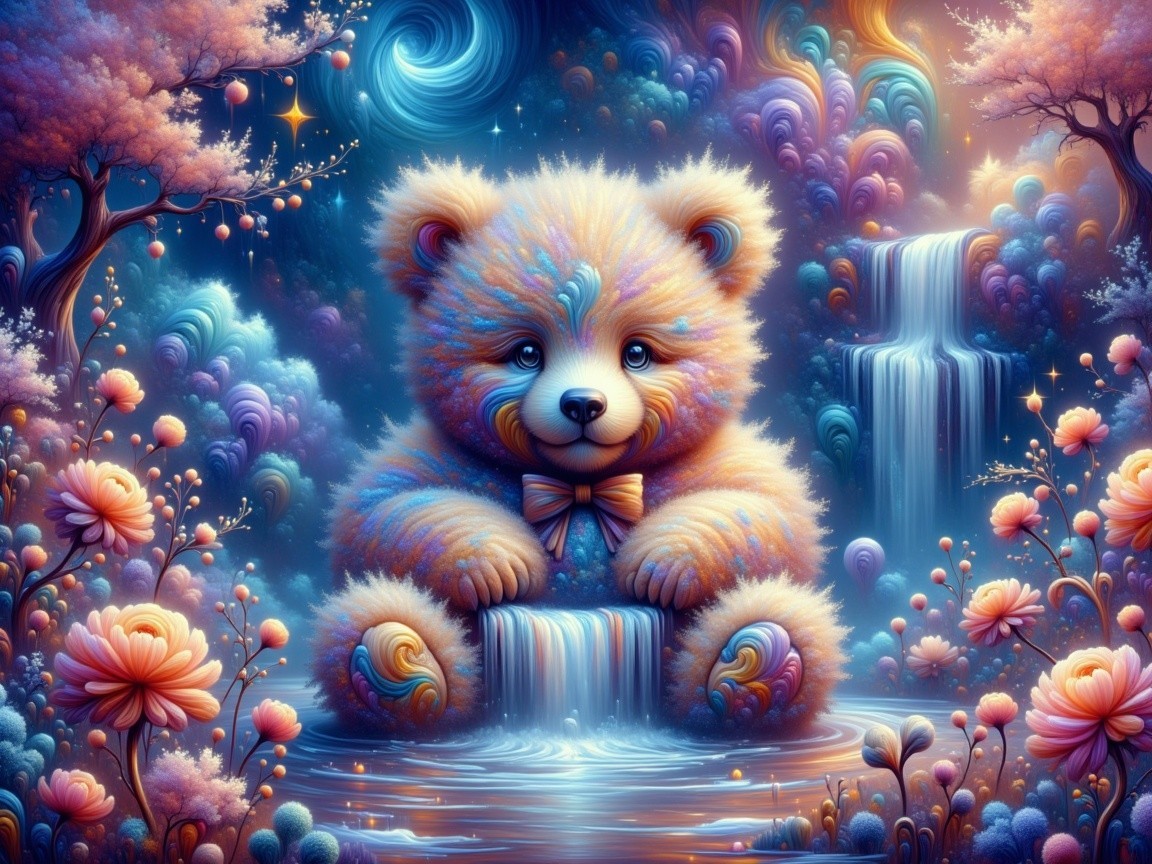Colorful Teddy Bear by Serene Waterfall in Garden