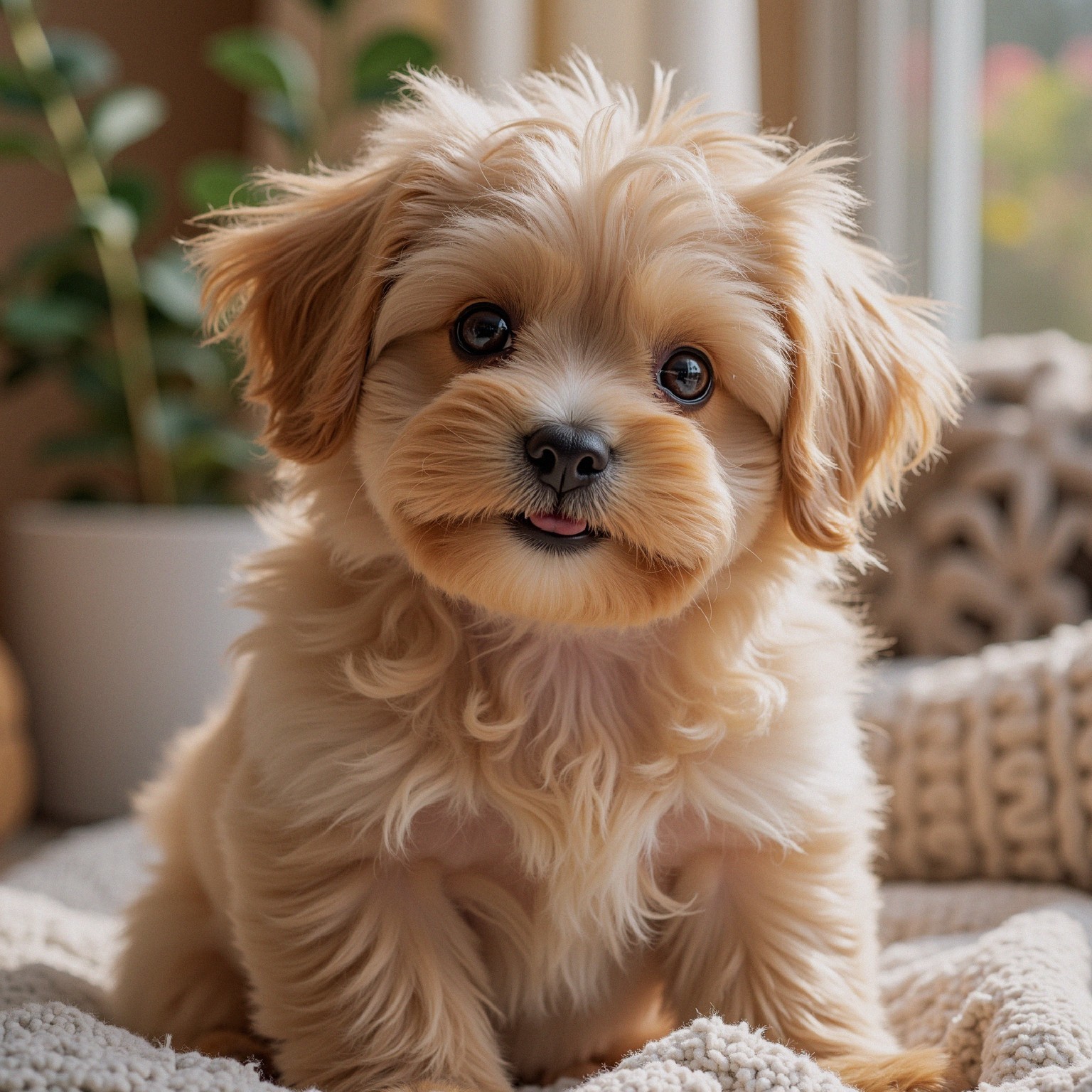 Fluffy Golden-Haired Puppy on Cozy Blanket Scene