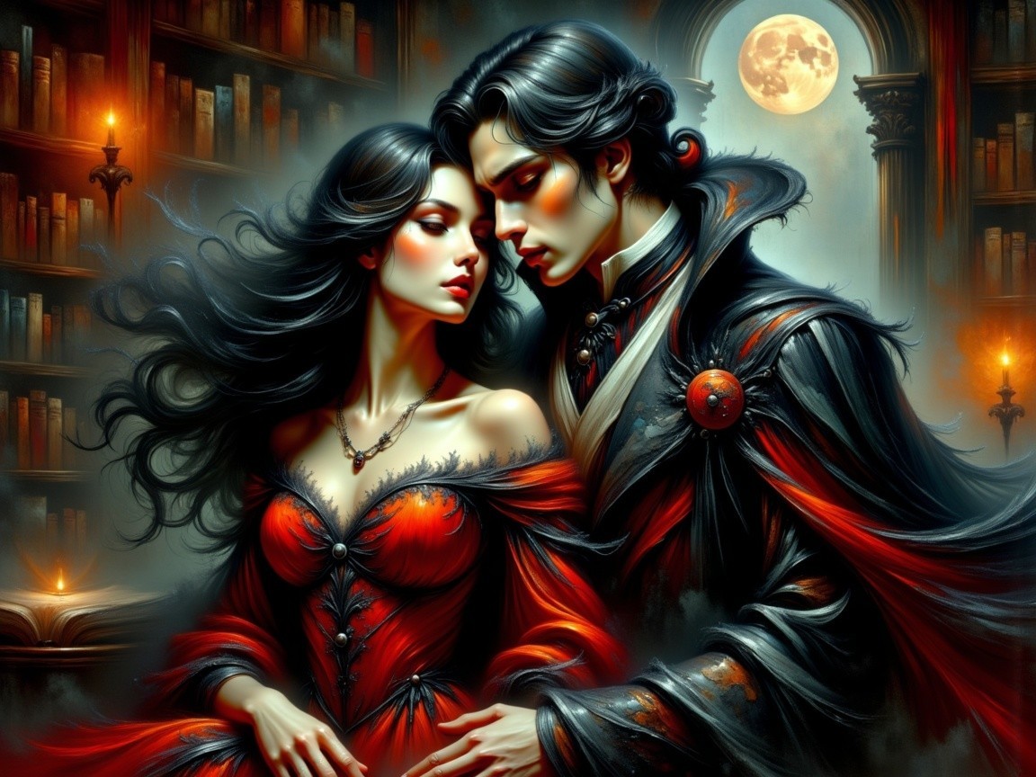 Mysterious Couple in Dim Library Under Full Moon