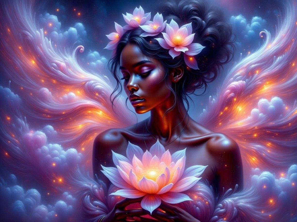 Serene figure with lotus crown and ethereal clouds