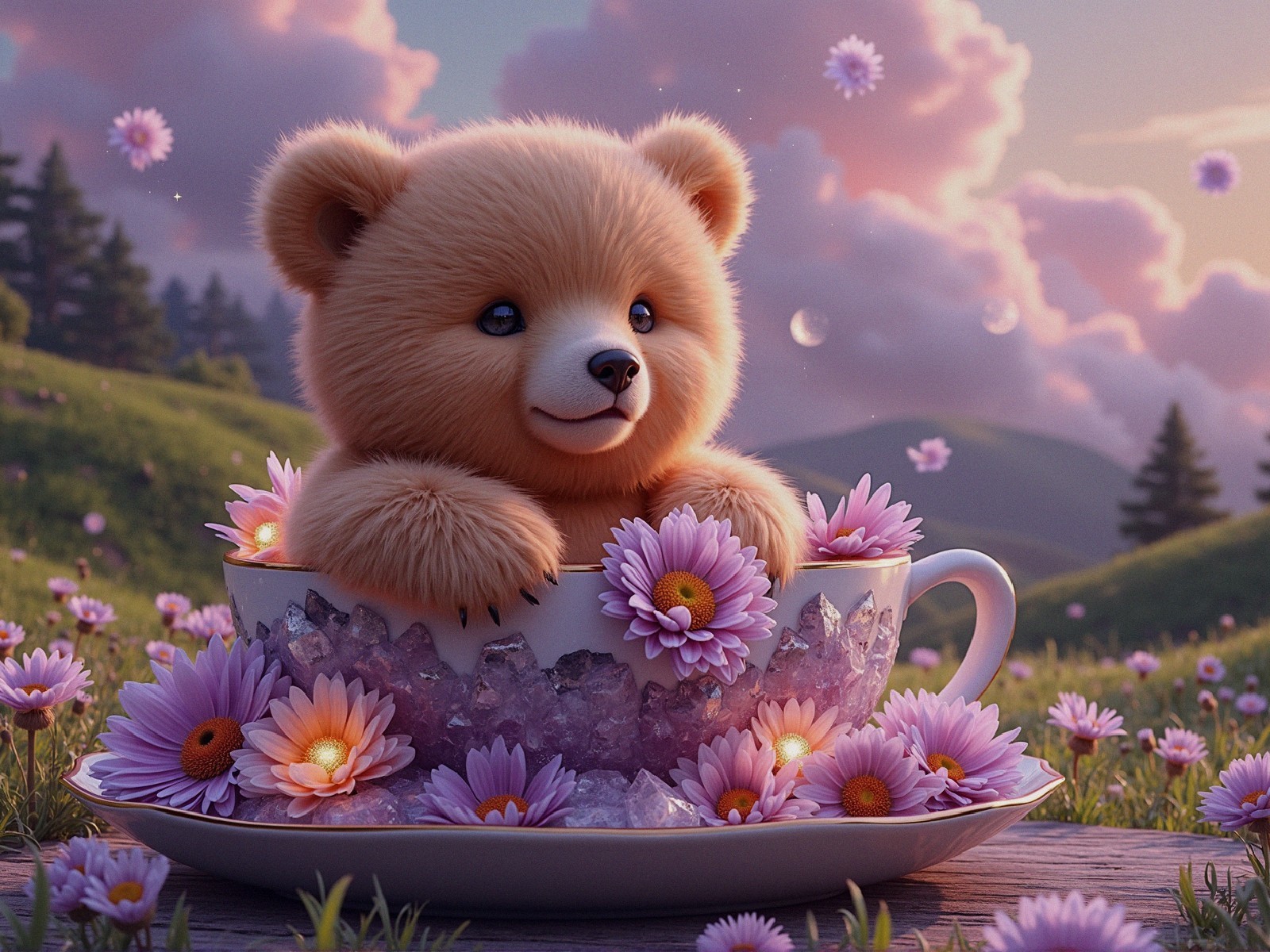 Fluffy bear cub in teacup with pink daisies and glow
