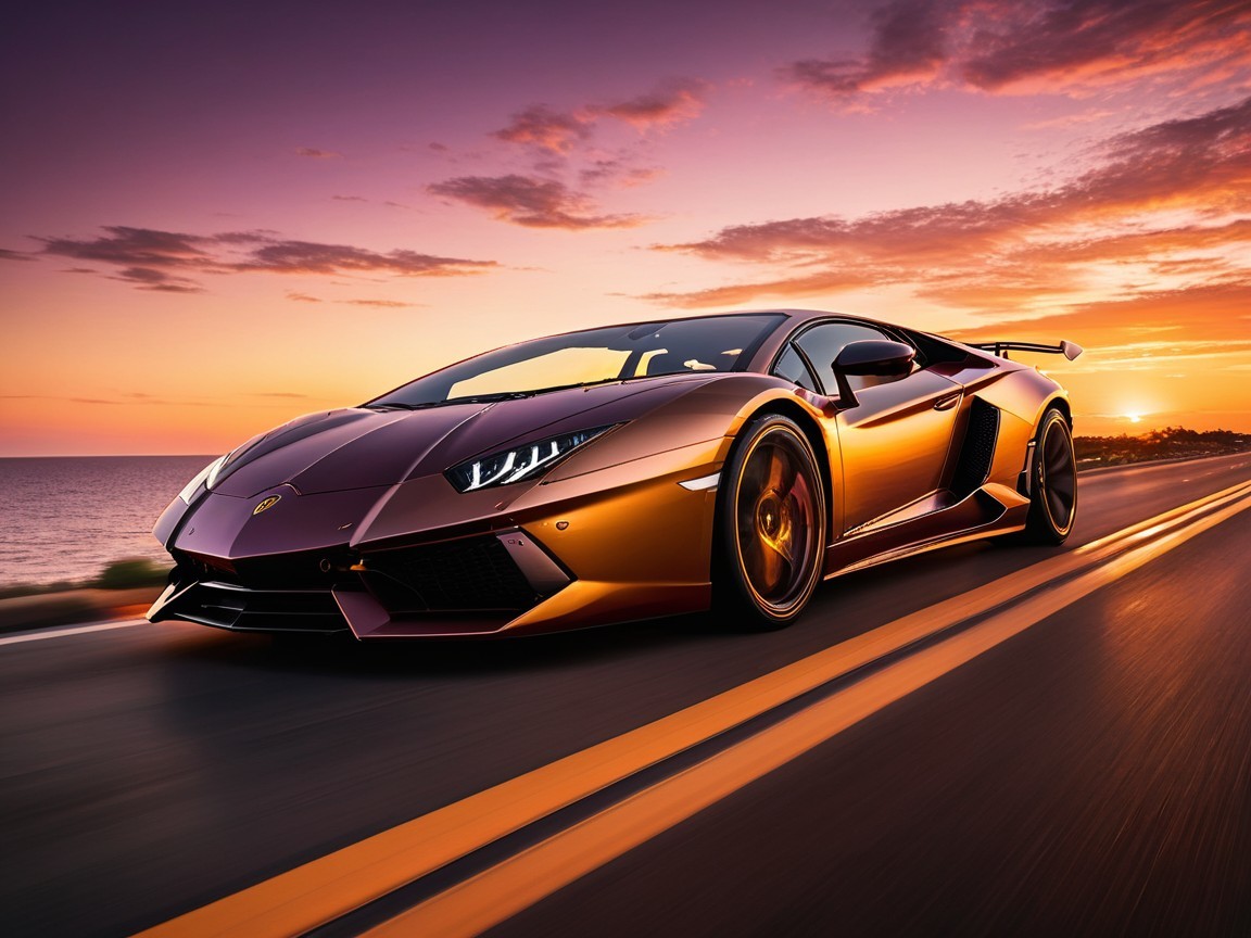 Lamborghini on Coastal Road at Sunset with Ocean View