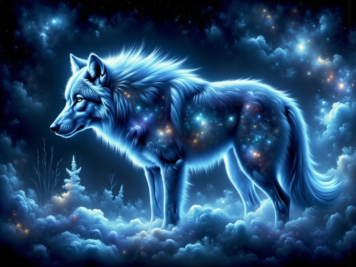 Blue Wolf in Cosmic Landscape with Ethereal Glow
